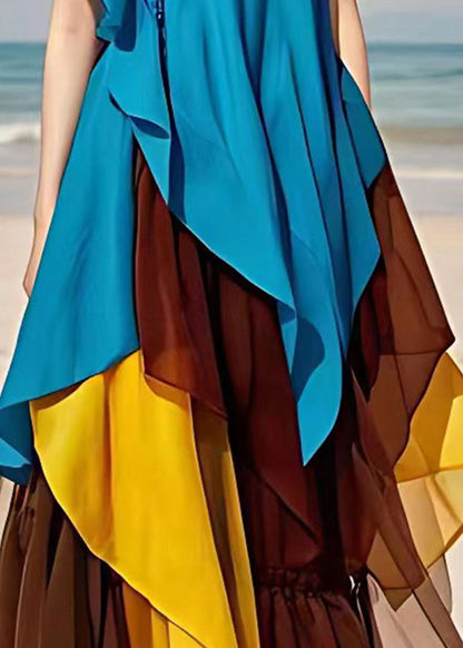 Blue V Neck Ruffled Patchwork Chiffon Dresses Sleeveless