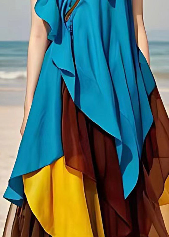 Blue V Neck Ruffled Patchwork Chiffon Dresses Sleeveless