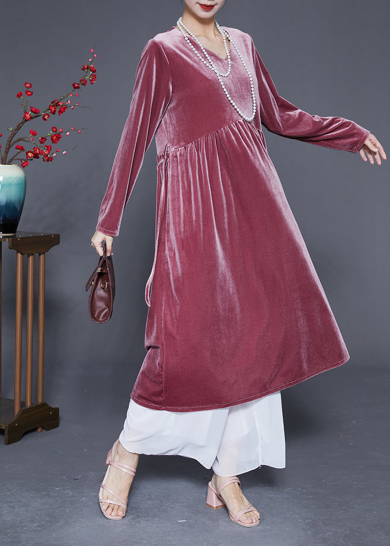 Brick Red V Neck Patchwork Silk Velour Maxi Dresses Spring