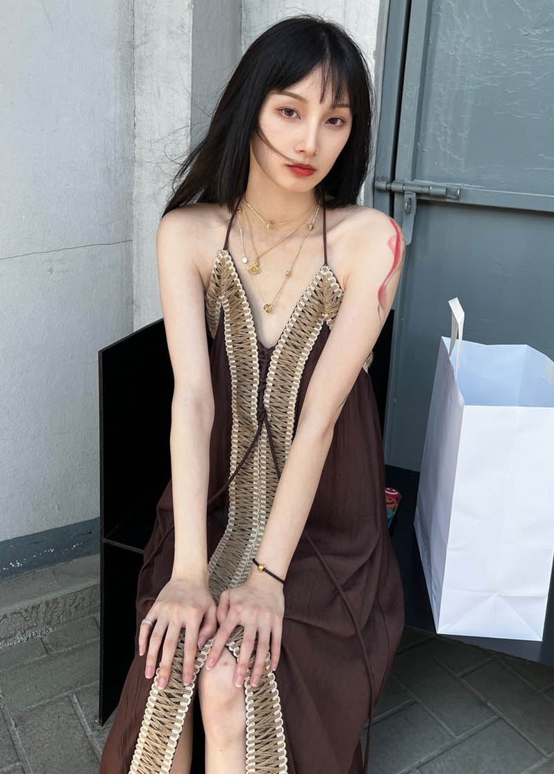 Brown Backless Patchwork Cotton Spaghetti Strap Dress Summer