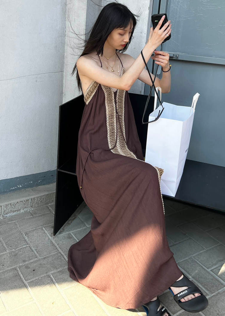 Brown Backless Patchwork Cotton Spaghetti Strap Dress Summer