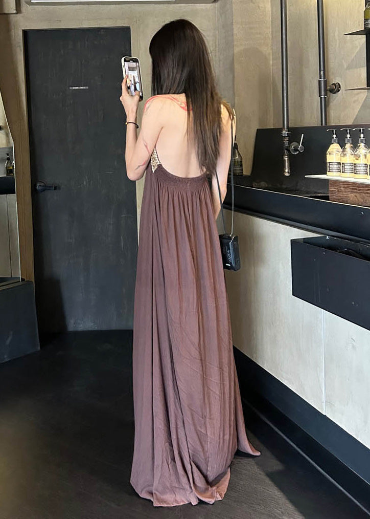 Brown Backless Patchwork Cotton Spaghetti Strap Dress Summer