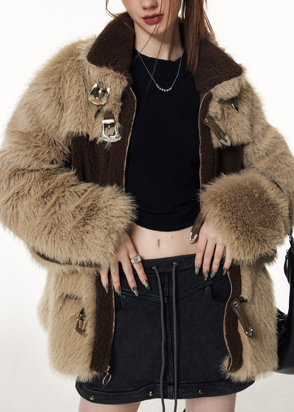 Brown Chocolate Stand Collar Patchwork Zippered Button Faux Fur Coats Winter