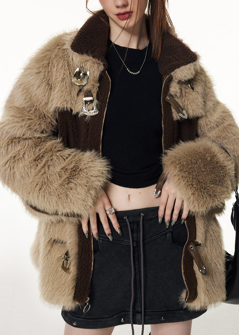 Brown Chocolate Stand Collar Patchwork Zippered Button Faux Fur Coats Winter