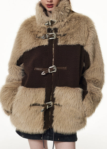 Brown Chocolate Stand Collar Patchwork Zippered Button Faux Fur Coats Winter