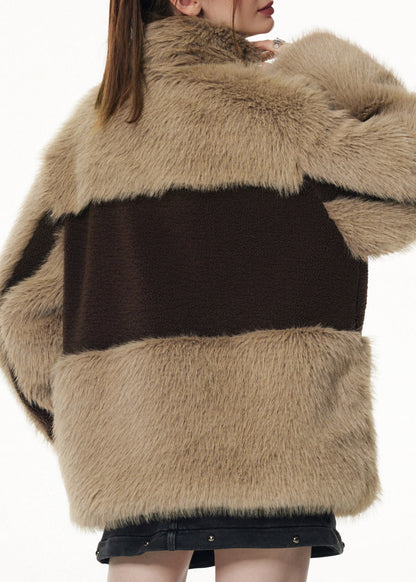Brown Chocolate Stand Collar Patchwork Zippered Button Faux Fur Coats Winter