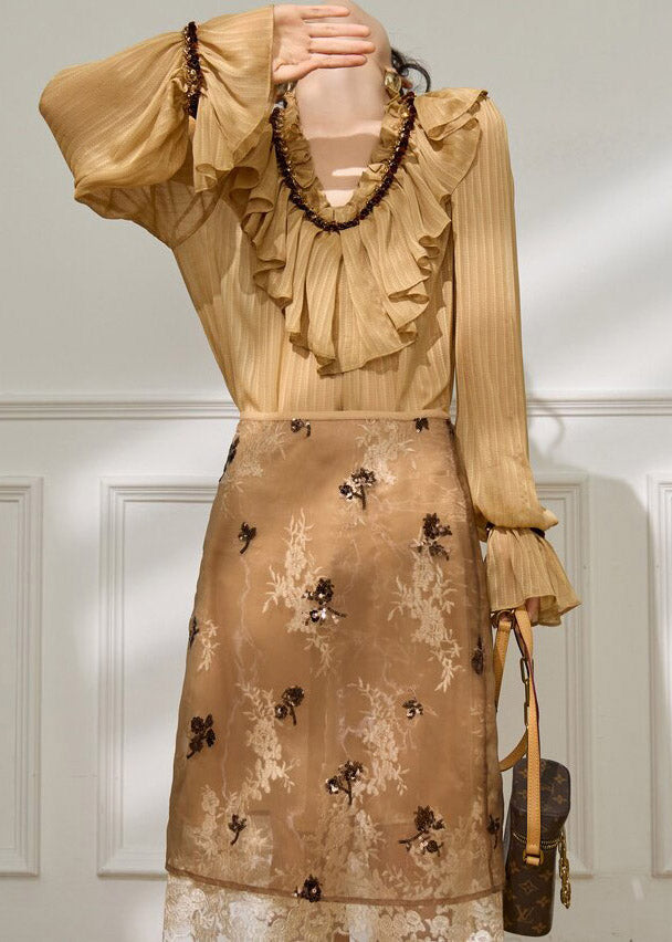 Bohemian Brown Ruffled Patchwork Shirt Flare Sleeve