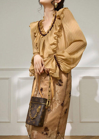 Bohemian Brown Ruffled Patchwork Shirt Flare Sleeve