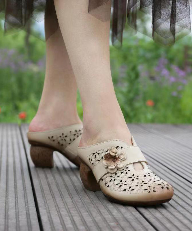 Caramel Hollow Out Cowhide Leather Chunky Heel Slide Sandals