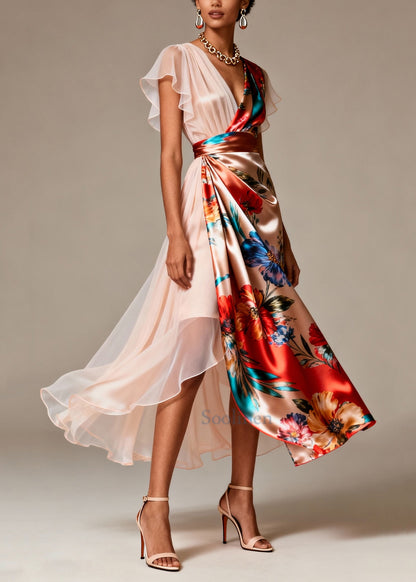 Champagne Asymmetrical Print Silk Evening Dress Butterfly Sleeve