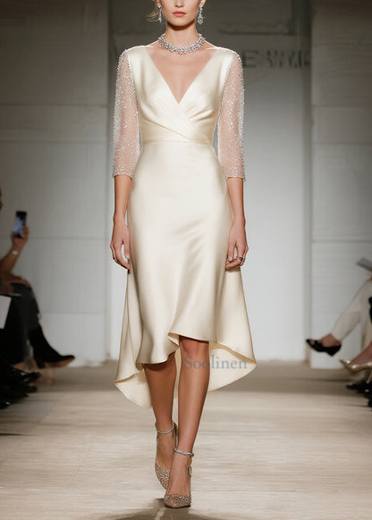 Champagne V Neck Patchwork Silk Dresses Summer