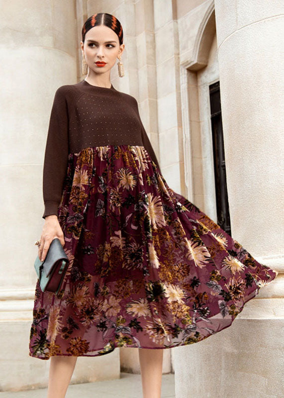 Chocolate O-neck Wrinkled Print Patchwork Knit Sweater Dress Fall