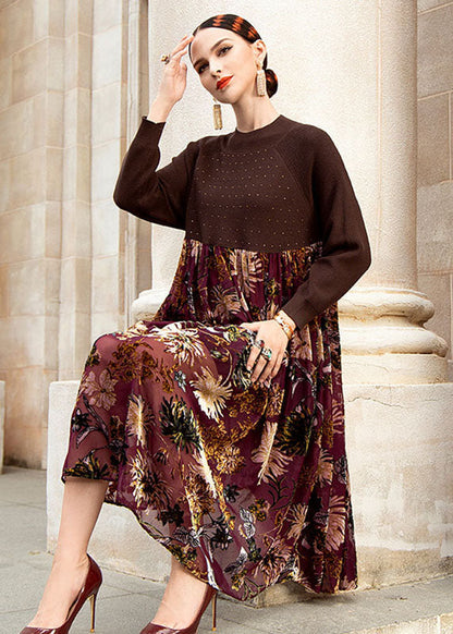 Chocolate O-neck Wrinkled Print Patchwork Knit Sweater Dress Fall