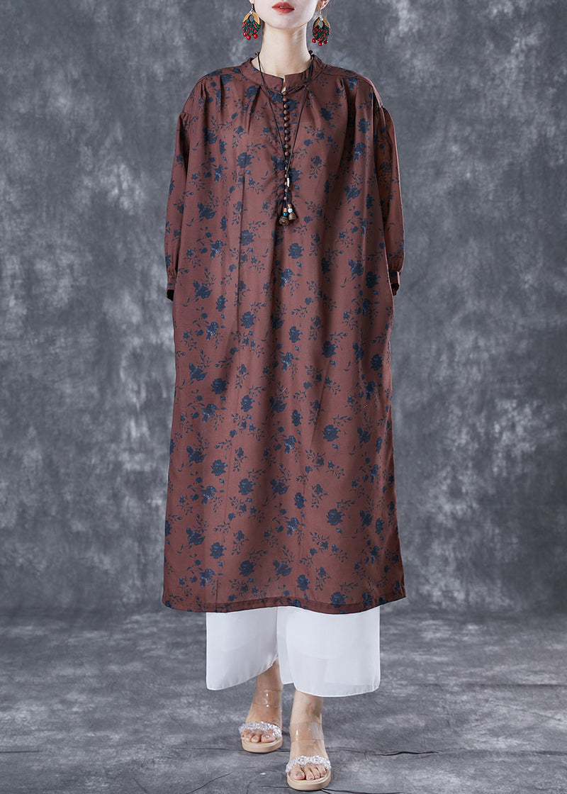Chocolate Oversized Print Linen Maxi Dresses Bracelet Sleeve