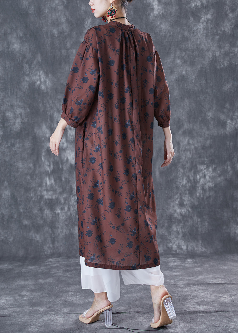 Chocolate Oversized Print Linen Maxi Dresses Bracelet Sleeve