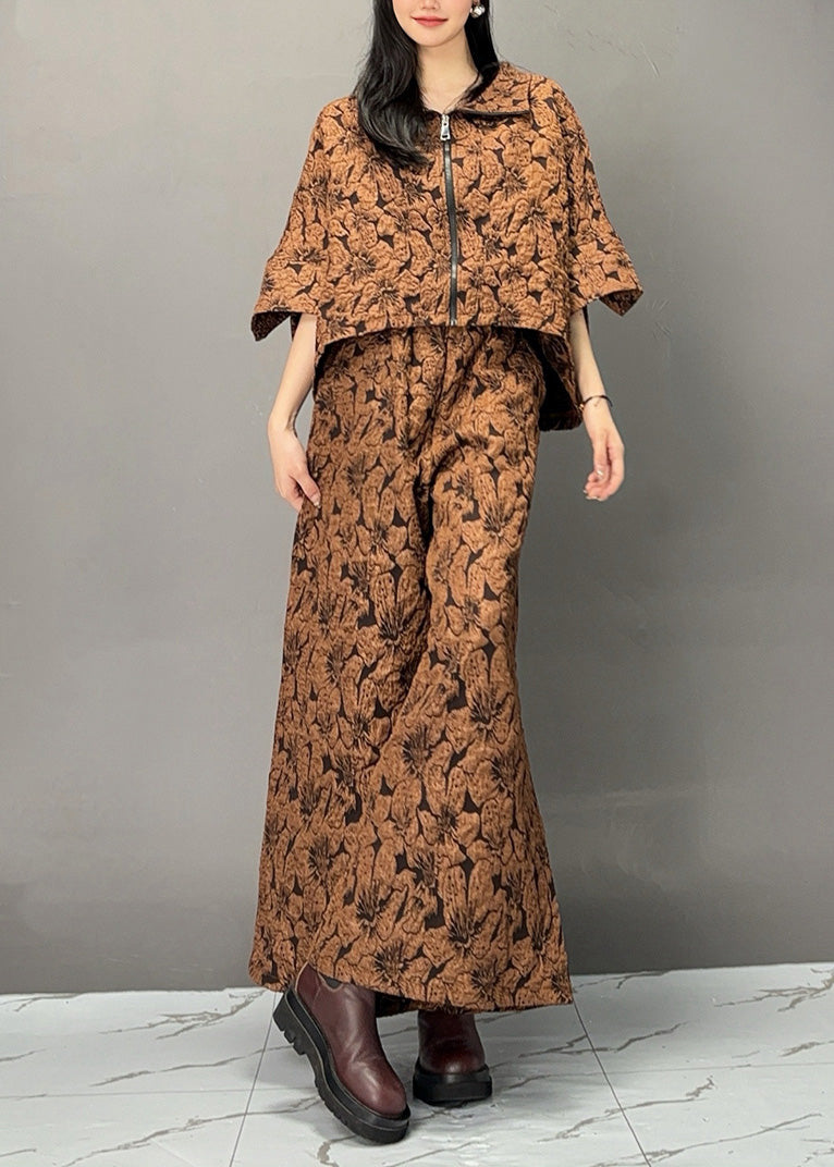 Chocolate Print Zippered Top and Wide Leg Pants Two Piece Set Spring