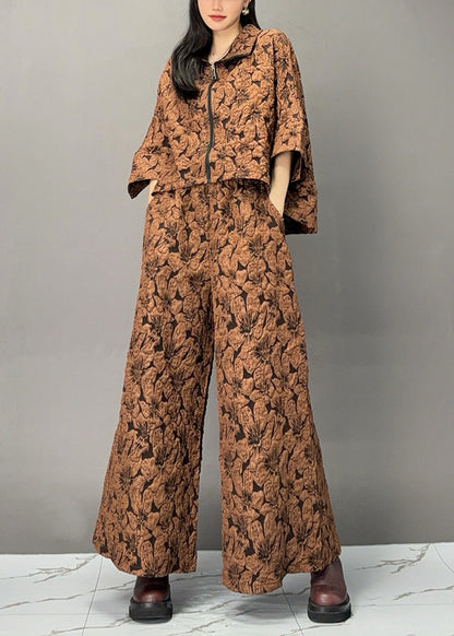 Chocolate Print Zippered Top and Wide Leg Pants Two Piece Set Spring