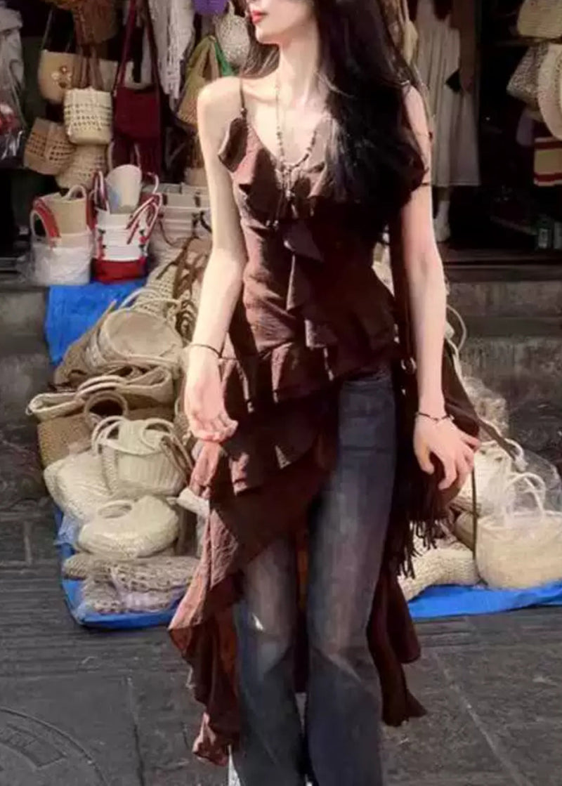 Chocolate V Neck Asymmetrical Ruffled Spaghetti Strap Dress Summer