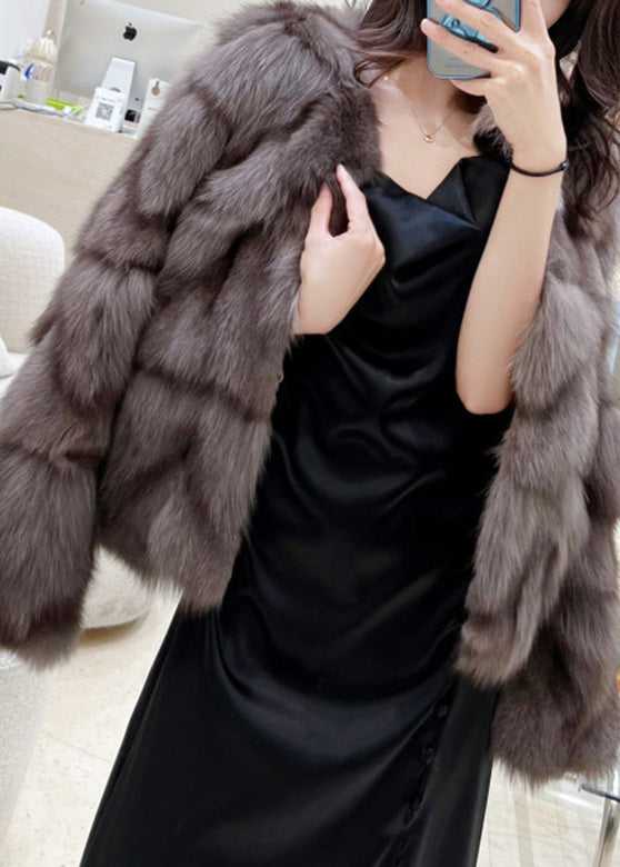 Cocoa Colour O-neck Fuzzy Fur Fluffy Leather and Fur Coats Winter