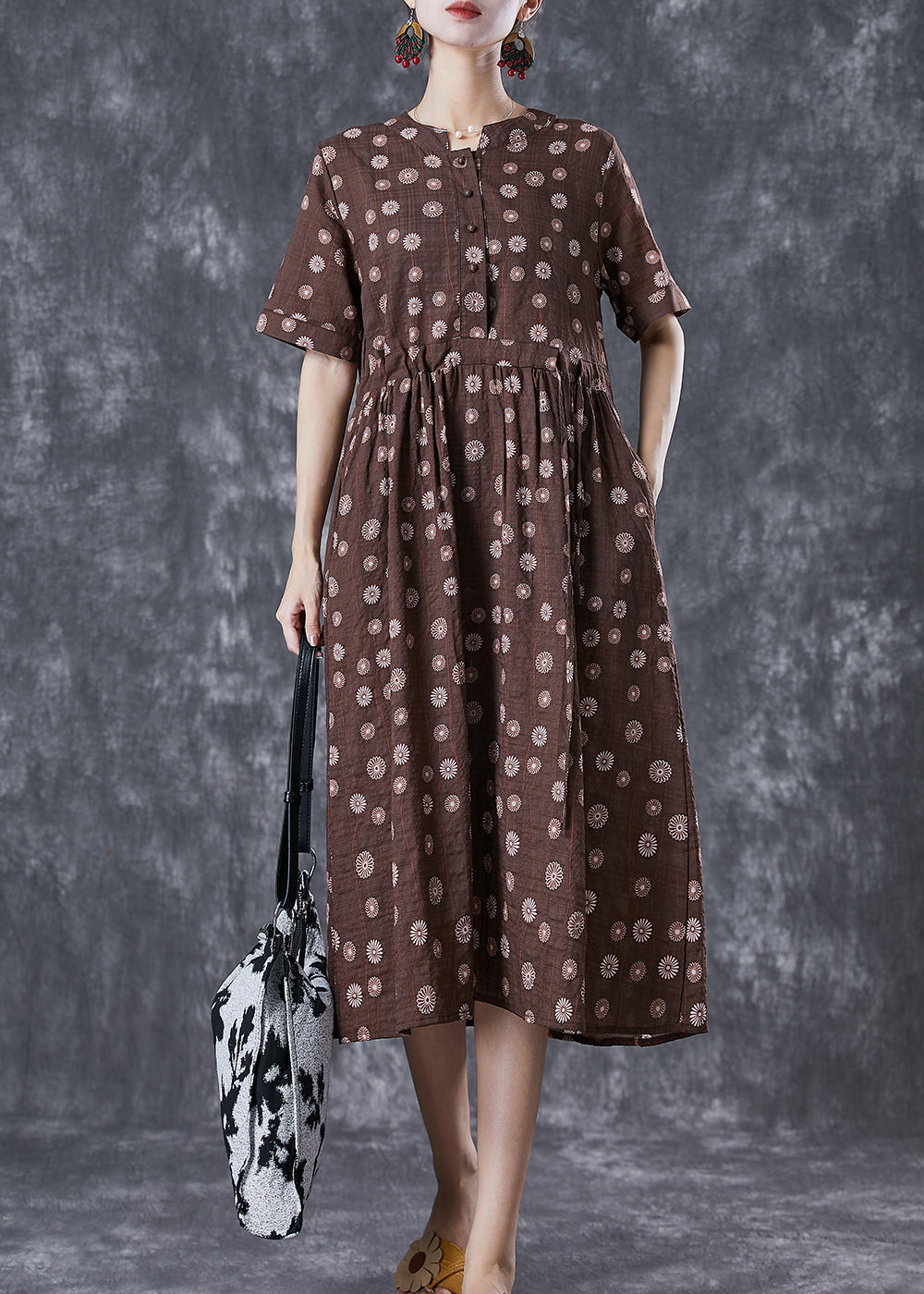 Coffee Cinched Daisy Linen Dresses Summer