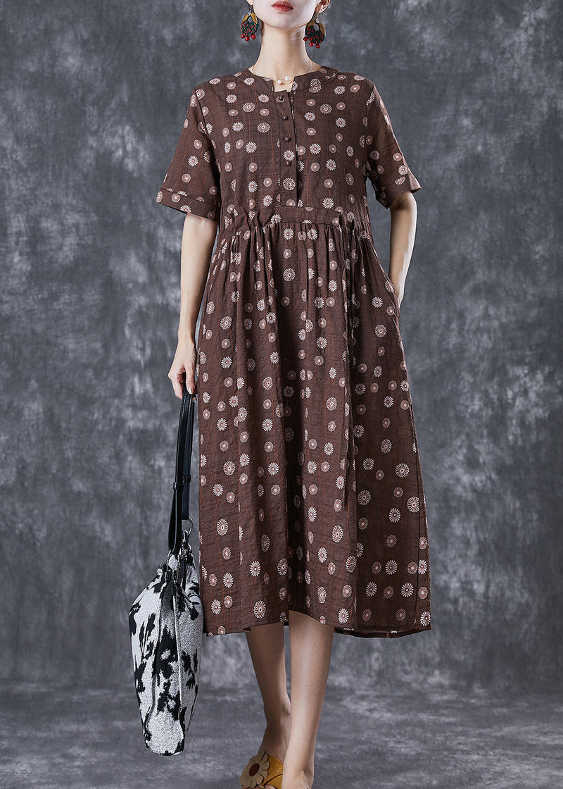 Coffee Cinched Daisy Linen Dresses Summer