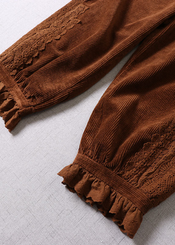 Chocolate Lace Patchwork Pockets Corduroy Pants Winter