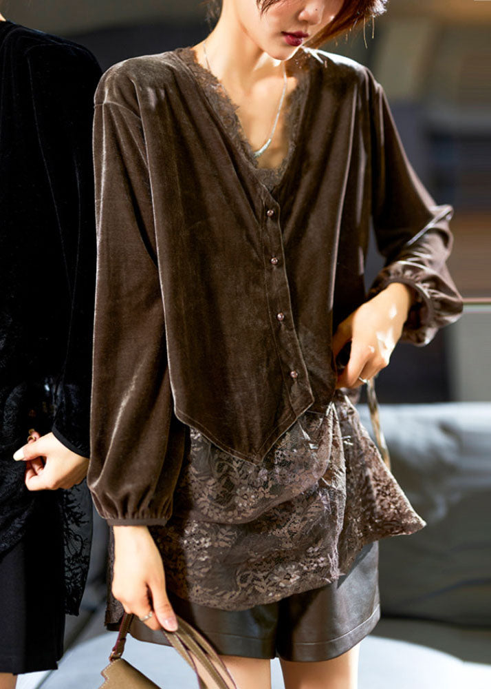 Coffee Lace Patchwork Tie Waist Silk Velour Top Long Sleeve