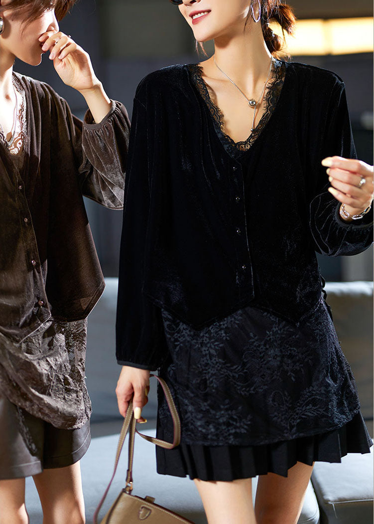 Coffee Lace Patchwork Tie Waist Silk Velour Top Long Sleeve