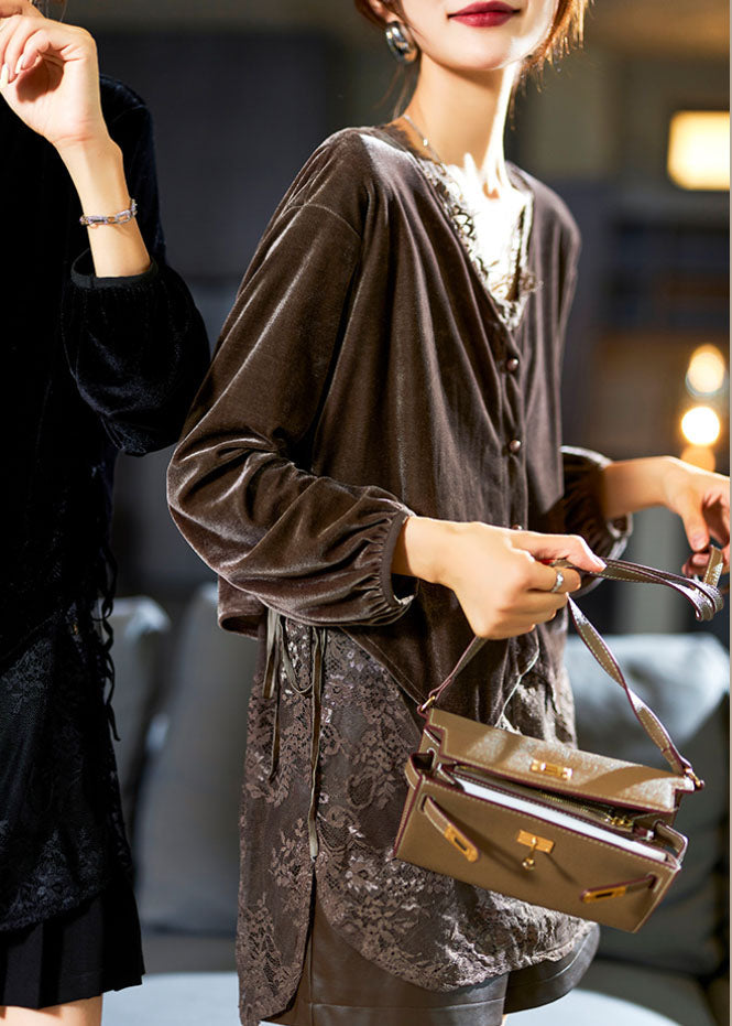 Coffee Lace Patchwork Tie Waist Silk Velour Top Long Sleeve