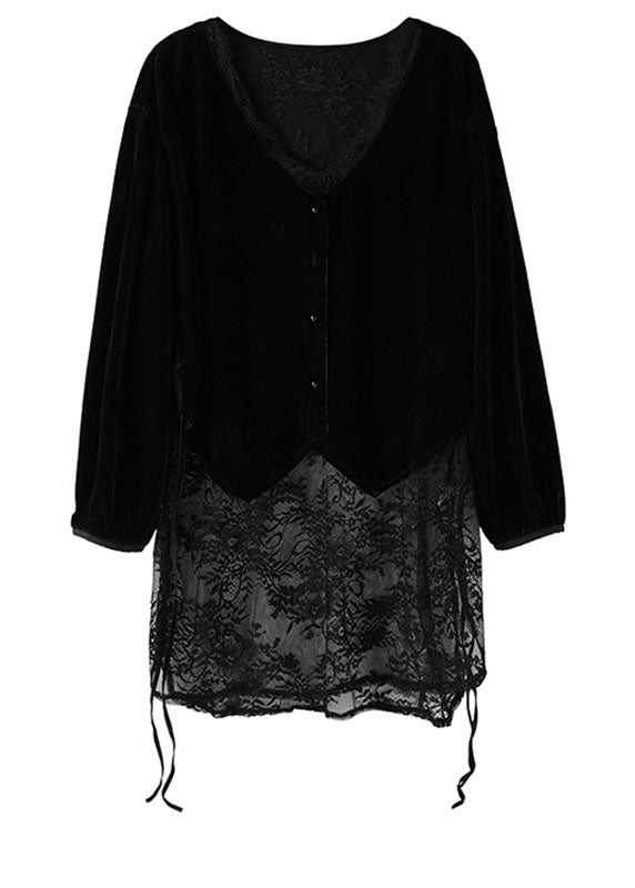 Coffee Lace Patchwork Tie Waist Silk Velour Top Long Sleeve
