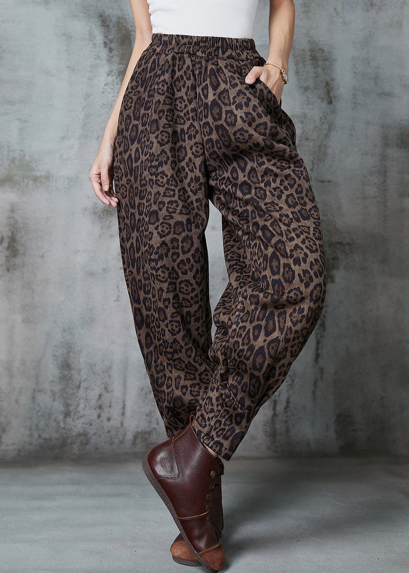 Coffee Leopard Print Faux Suede Harem Pants Spring