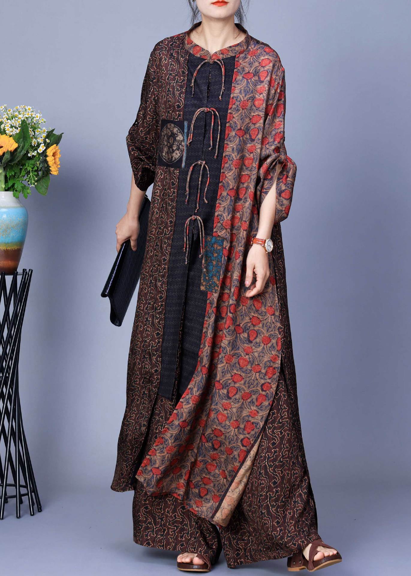 Coffee Print Tops and Wide Leg Pants Silk Two Pieces Set Spring