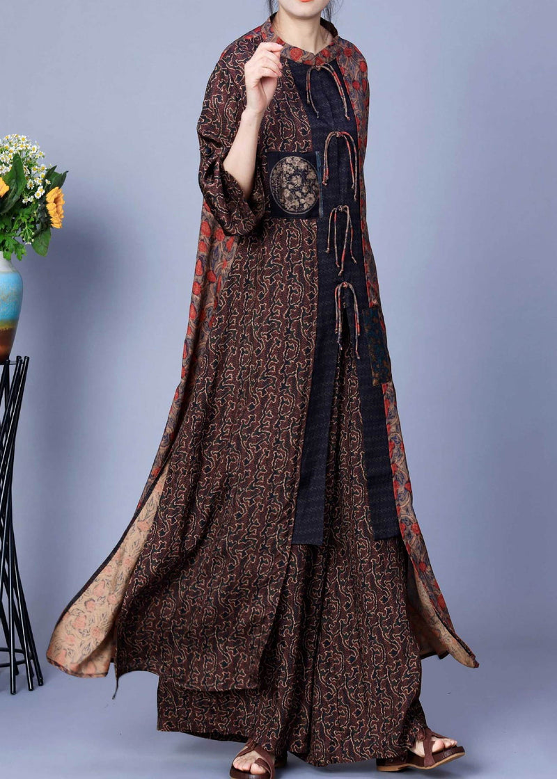 Coffee Print Tops and Wide Leg Pants Silk Two Pieces Set Spring