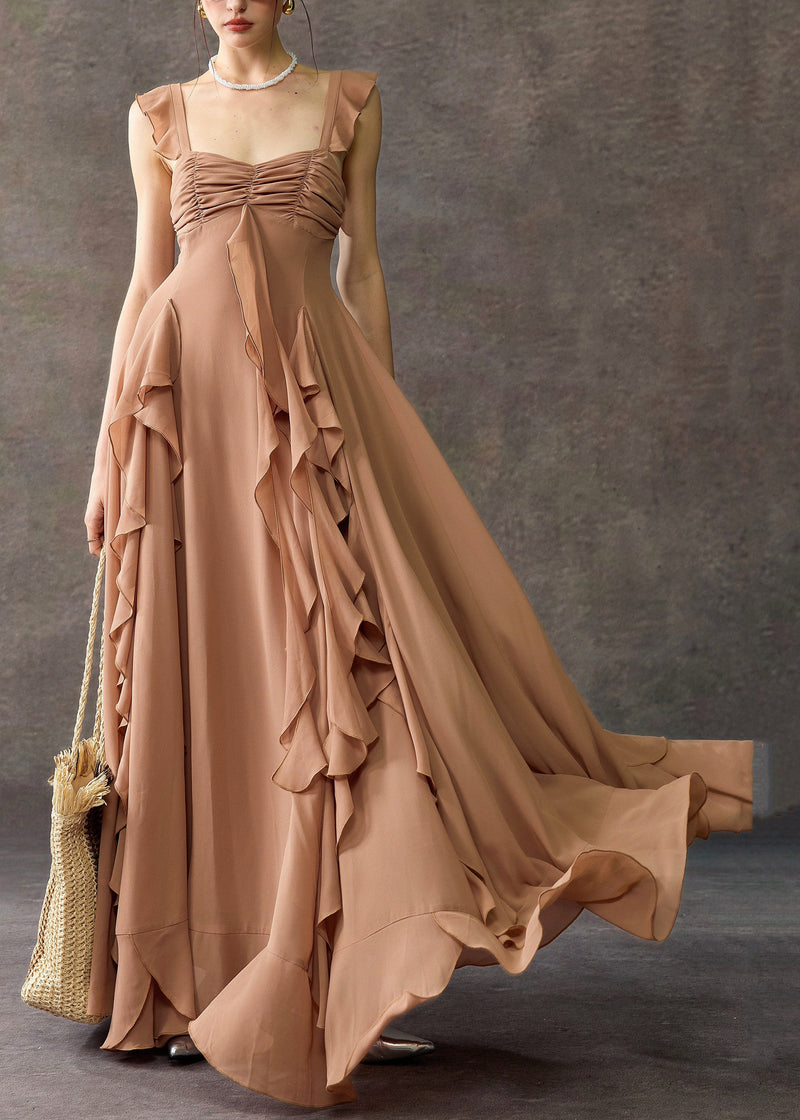 Coffee Square Collar Ruffled Cotton Long Dress Summer