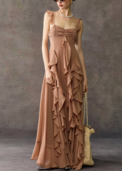 Coffee Square Collar Ruffled Cotton Long Dress Summer