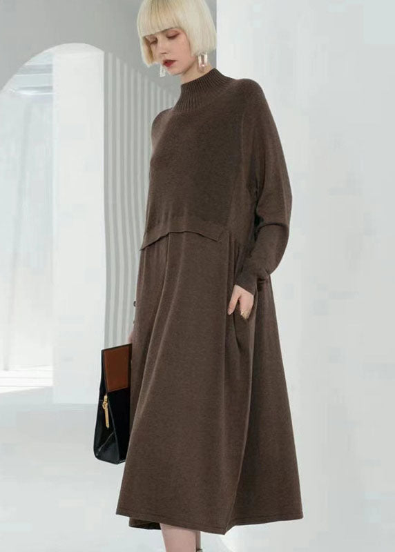 Chocolate Turtle Neck Patchwork Wool Knit Sweater Dress Long Sleeve