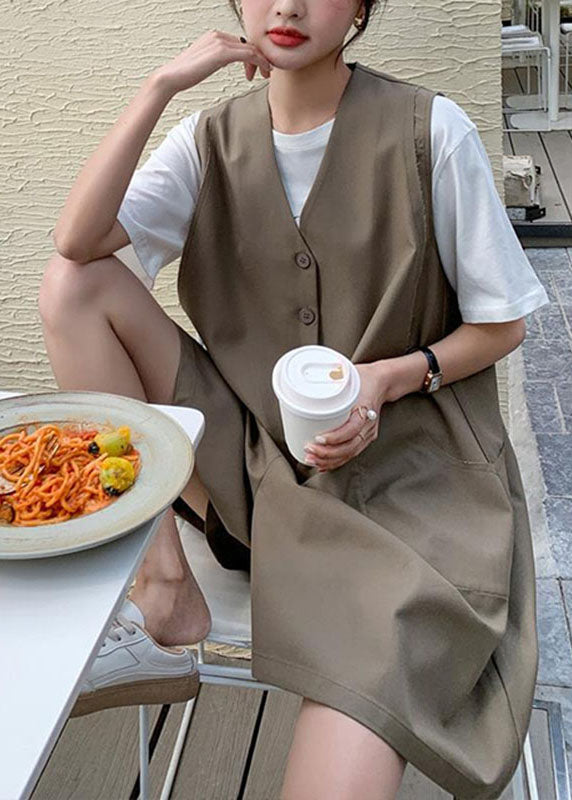 Coffee V Neck Patchwork Button Mid Dress Summer