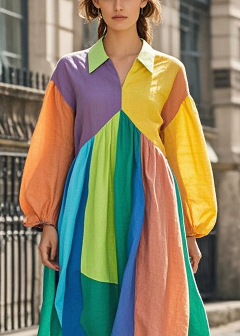 Colorblock Asymmetrical Patchwork Cotton Maxi Dresses Spring