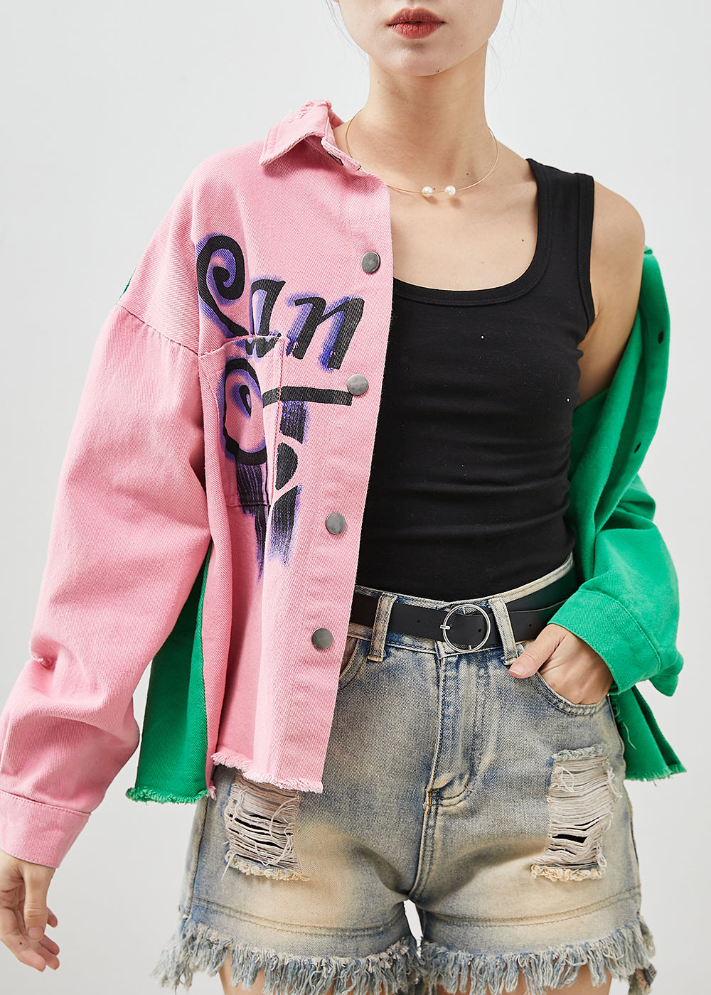 Colorblock Asymmetrical Patchwork Denim Jacket Spring