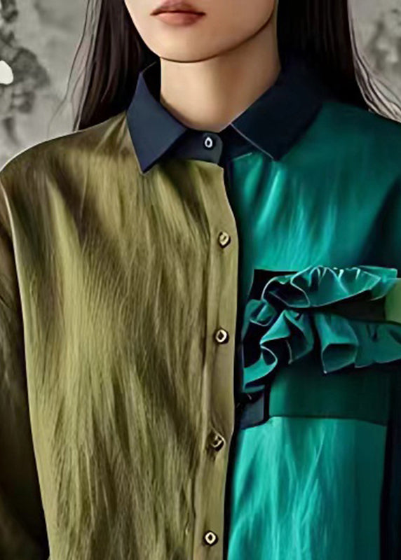 Colorblock Asymmetrical Ruffled Linen Shirt Half Sleeve