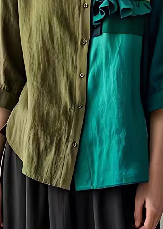 Colorblock Asymmetrical Ruffled Linen Shirt Half Sleeve