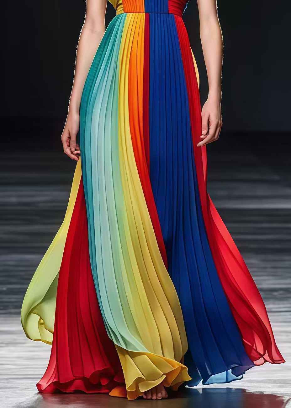 Colorblock Bustier Top Silm Fit Chiffon Strapless Pleated Dresses Summer
