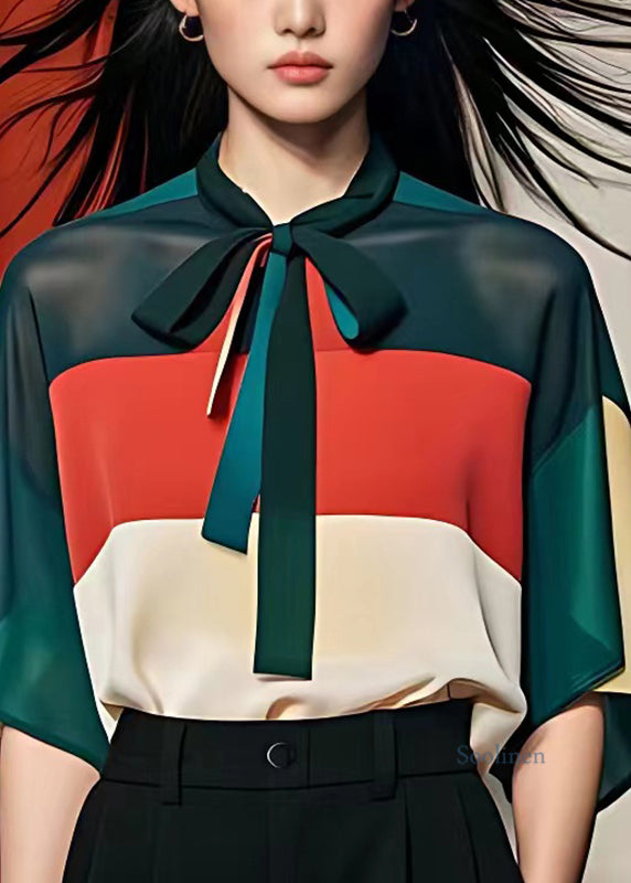 Colorblock Chiffon Shirt V Neck Summer