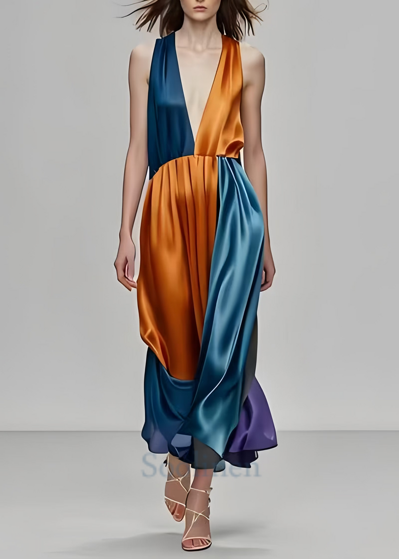 Colorblock Deep-v Neck Patchwork Silk Party Dress Sleeveless