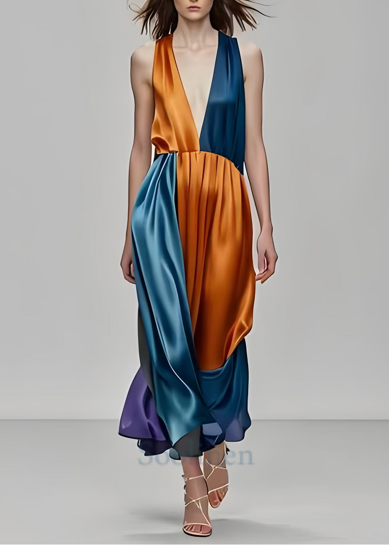 Colorblock Deep-v Neck Patchwork Silk Party Dress Sleeveless