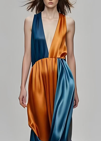 Colorblock Deep-v Neck Patchwork Silk Party Dress Sleeveless