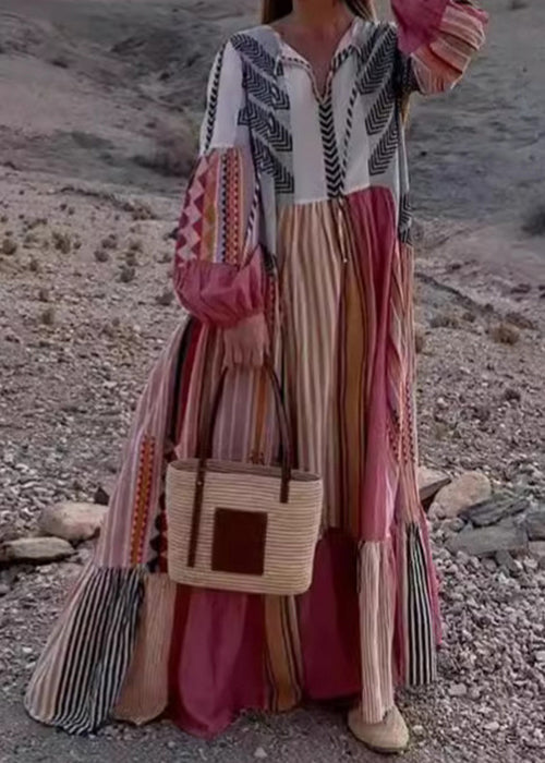 Colorblock Lace Up Print Cotton Maxi Dress Long Sleeve