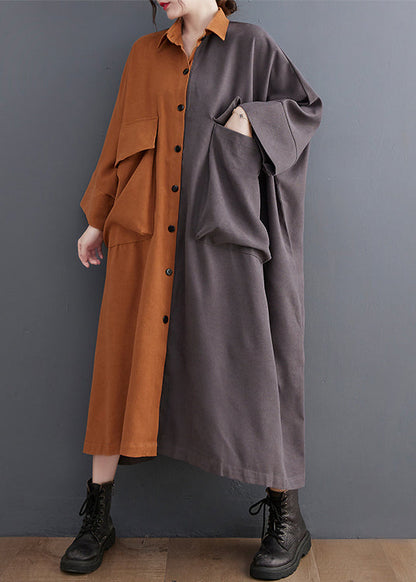 Colorblock Oversized Patchwork Pockets Cotton Long Dress Batwing Sleeve