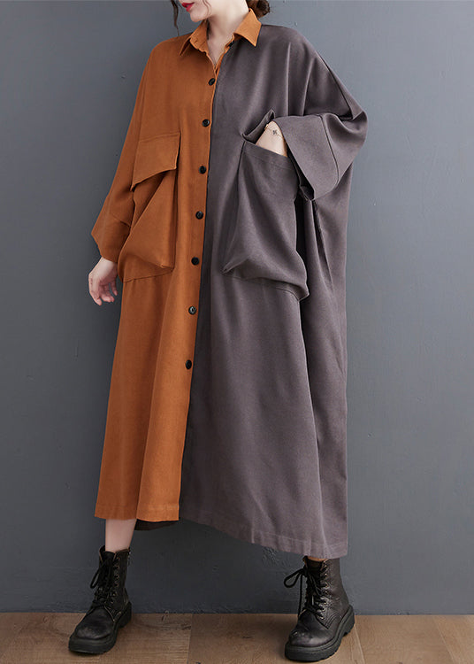 Colorblock Oversized Patchwork Pockets Cotton Long Dress Batwing Sleeve