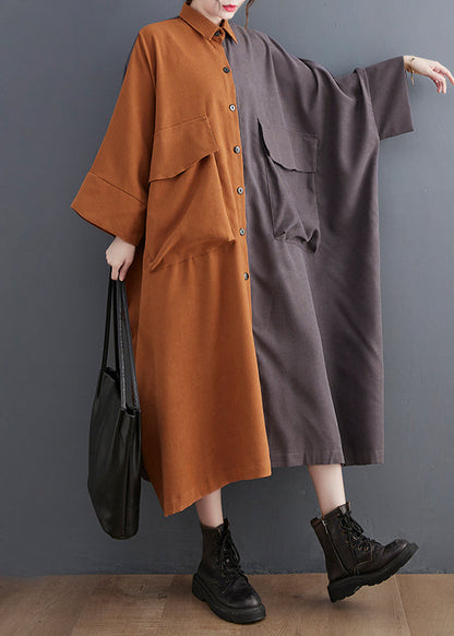 Colorblock Oversized Patchwork Pockets Cotton Long Dress Batwing Sleeve